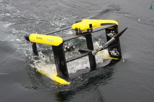 The gaping ‘mouth’ of the Triaxus as it surfaces for recovery onto the RV Investigator. Instruments such as the LOPC (Laser Optical Plankton Counter, yellow body on the front, top) are located all over the rectangular carbon fibre frame.